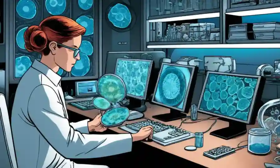 Microscopista conteniendo muestras de hongos en platos petri cerca de equipos de computación futurista.