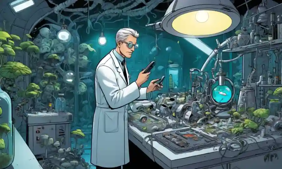 Un científico futurista en un laboratorio rodeado de hongos y diversos gadgets.