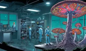 Una escena de laboratorio fúngica con tecnologías emergentes como secuenciación de ADN e inteligencia artificial.