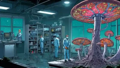 Una escena de laboratorio fúngica con tecnologías emergentes como secuenciación de ADN e inteligencia artificial.