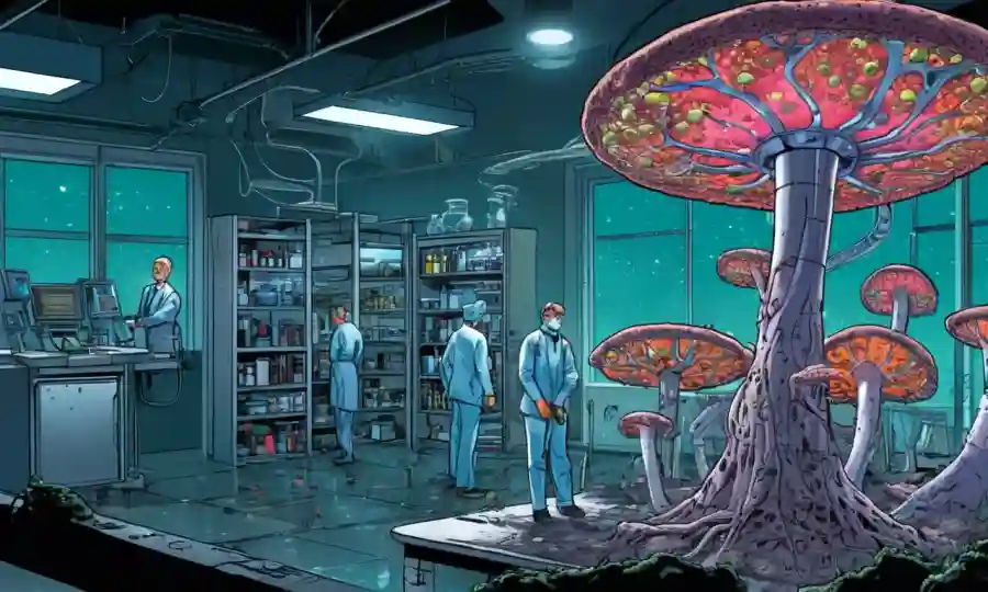Una escena de laboratorio fúngica con tecnologías emergentes como secuenciación de ADN e inteligencia artificial.