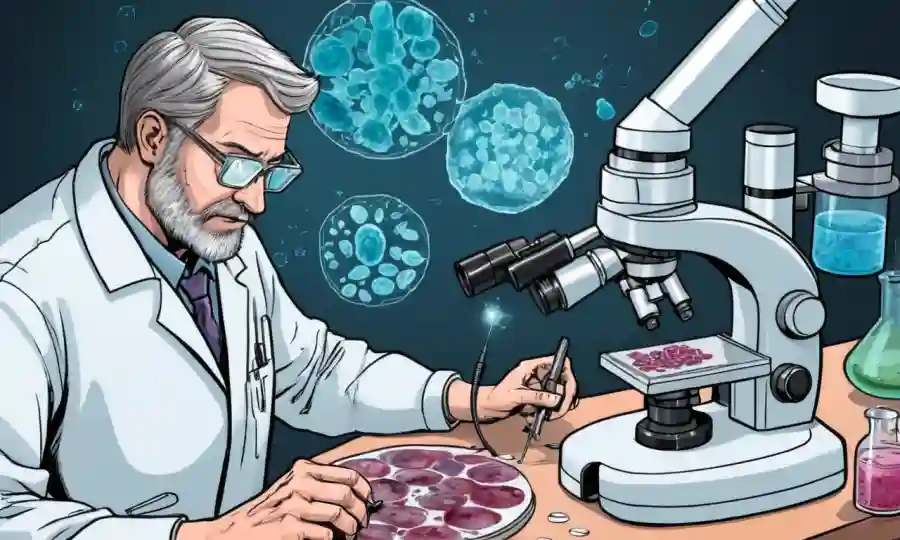 Muestras de hongos científicos analizando con microscopio accionado por IA y platos virtuales Petri.