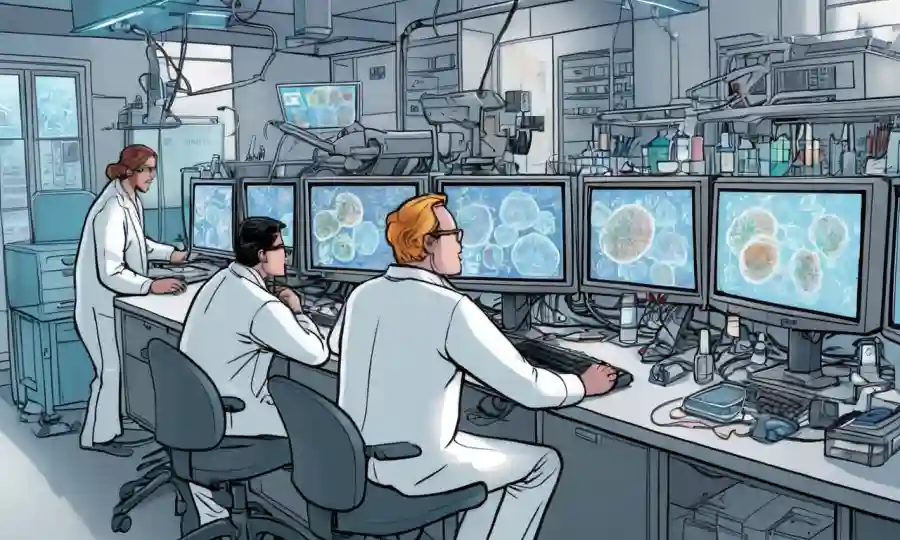 Investigadores que analizan los datos genómicos en las pantallas informáticas entre el equipo de laboratorio y los microorganismos.