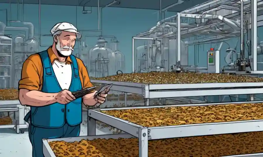 Farmer inspecting hongo crop equipment in a modern lab.