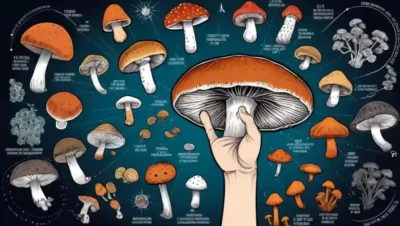 Las personas sostienen varios tipos de hongos con un gráfico que ilustra los beneficios del sistema inmunitario en el fondo.