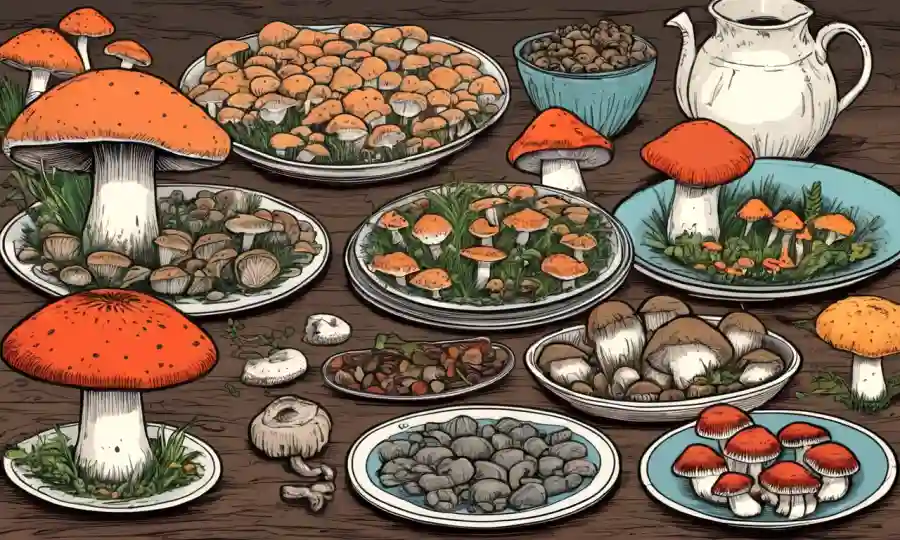 Varios hongos en diferentes placas con etiquetas destacando sus beneficios nutricionales.