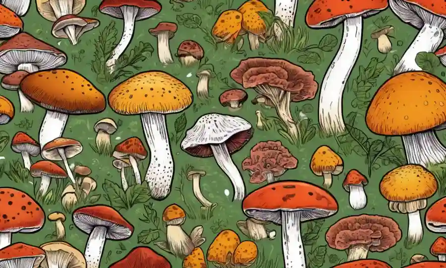 Una variedad de hongos comestibles con valores nutricionales y etiquetas destacando sus beneficios superalimentarios.