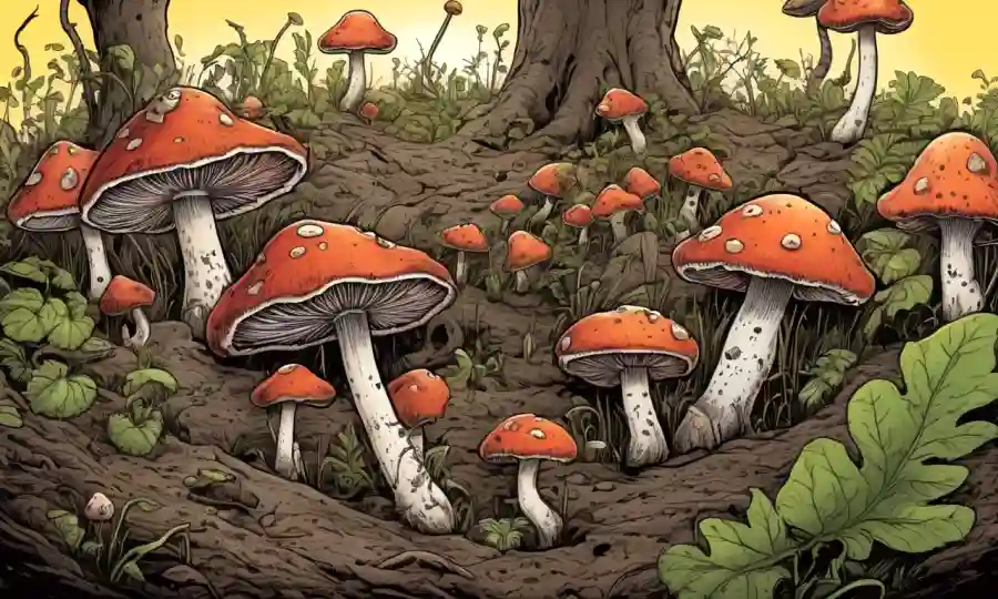 Setas que crecen desde el suelo rodeadas de materia orgánica podrida con ilustraciones de diferentes especies fúngicas.