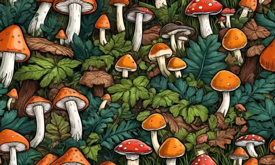 Diferentes tipos de hongos creciendo en el suelo forestal.