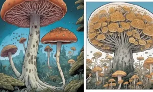 Una imagen de pantalla dividida que muestra hongos a la izquierda y cuerpos humanos a la derecha