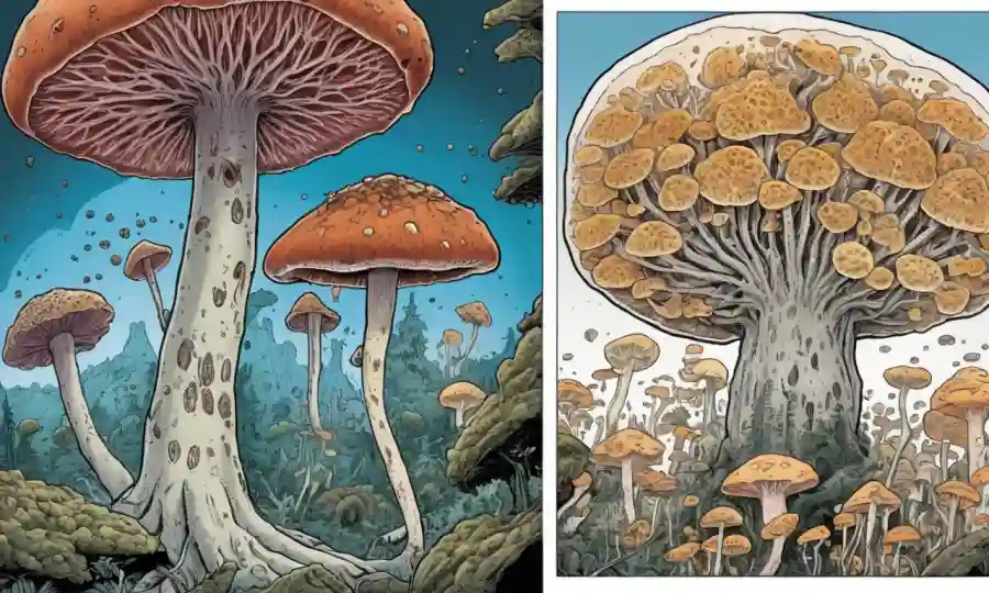 Una imagen de pantalla dividida que muestra hongos a la izquierda y cuerpos humanos a la derecha