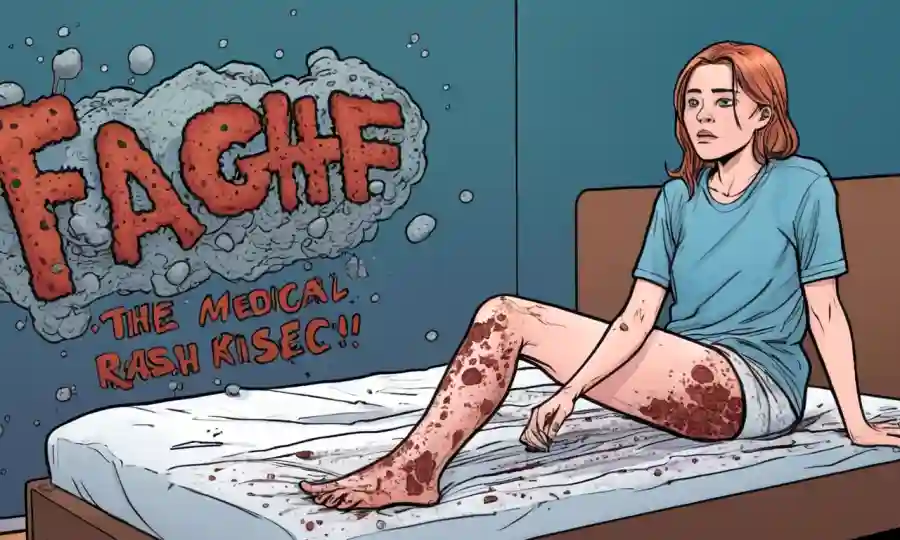 Una persona sentada en el borde de una cama con una erupción de infección fúngica, con texto médico que rodea.