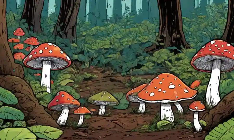 Setas de diferentes formas y tamaños creciendo en un suelo forestal.