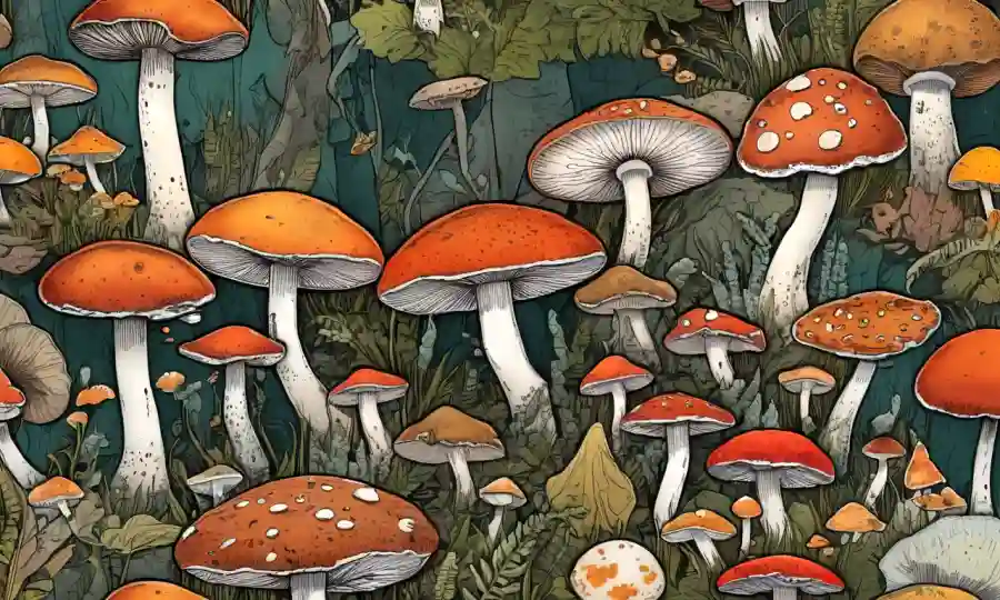 Especímenes de hongos con diversas formas y tamaños mostrados en un fondo de investigación de hongos.