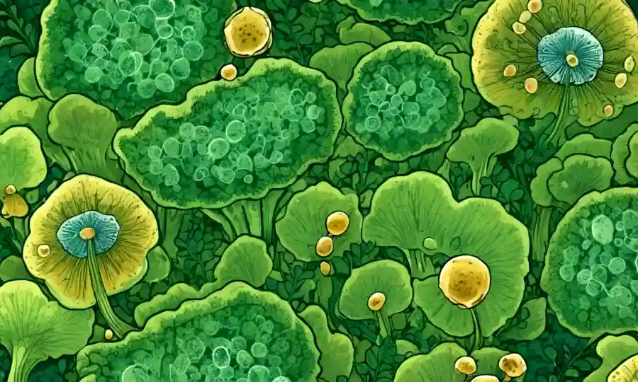 Vista microscópica de células hongos con vegetación en el fondo representando la sostenibilidad ambiental.