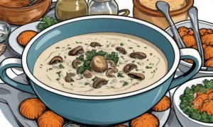 Tazón de sopa de seta cremosa que se vierte en otro tazón entre utensilios de cocina y ingredientes frescos.