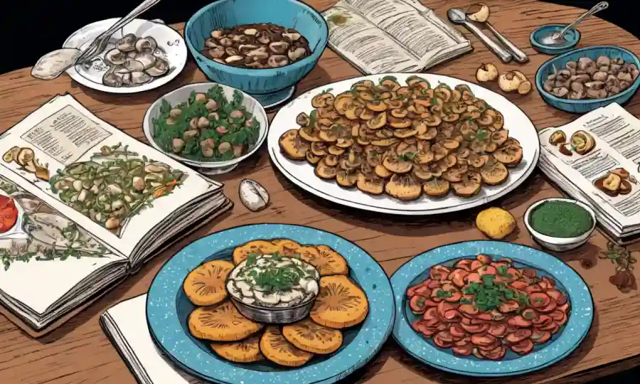 Platos de setas frescos dispuestos en una mesa con libro de recetas abierto.
