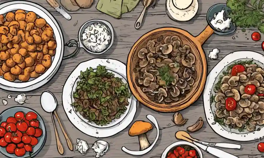 Setas frescas utilizadas en recetas creativas simples en una mesa con utensilios e ingredientes.