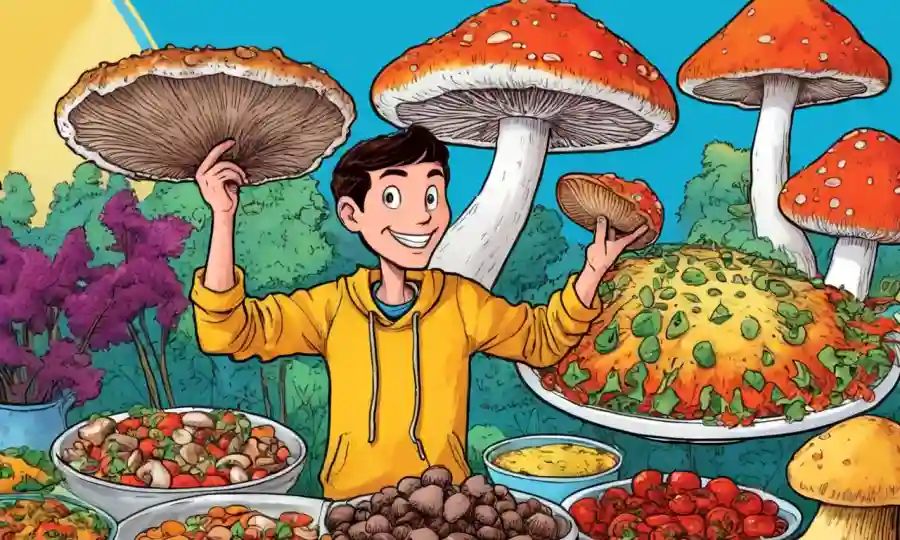 Una persona que sostiene hongos frescos delante de recetas de comida colorida.