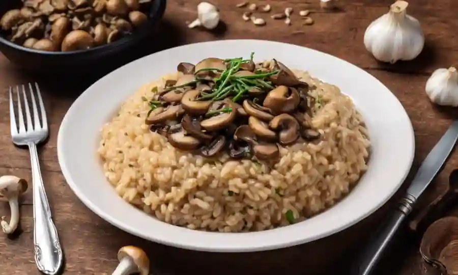 Risotto de vapor con hongos y ajo en una mesa de madera.