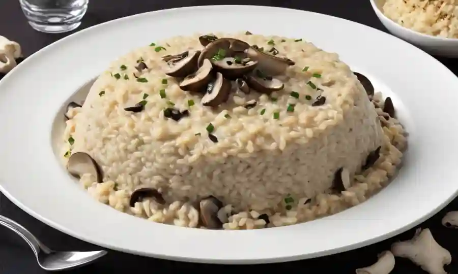 Un plato elegante con crema mezclada risotto de hongos cubierto con afeitaciones de trufa.