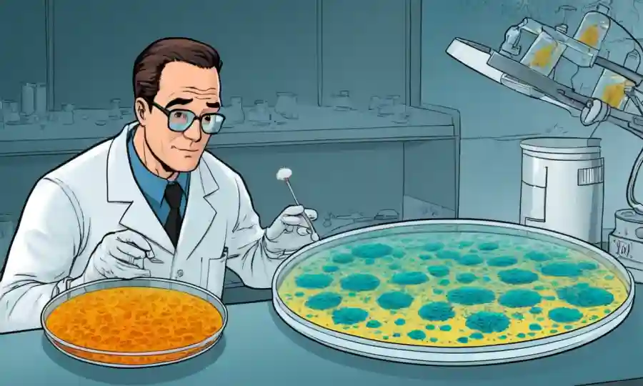 Científico coleccionando esporas fúngicas en un plato petri.