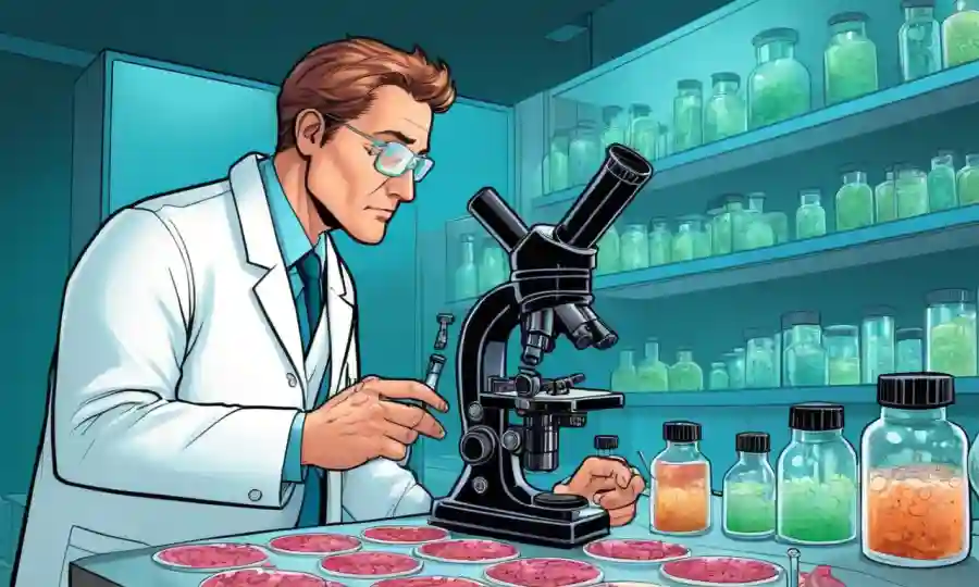 Científico en la capa de laboratorio examinando microscopios y platos petri con crecimiento fúngico.