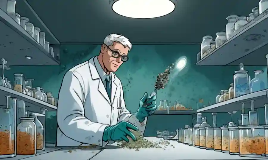 Científico coleccionando esporas fúngicas en un entorno de laboratorio.