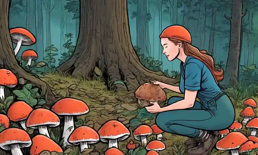 Mujer en la naturaleza arrodillada cerca de las gorras de hongos con consejos de cosecha sostenibles e importancia ecológica escrita alrededor.