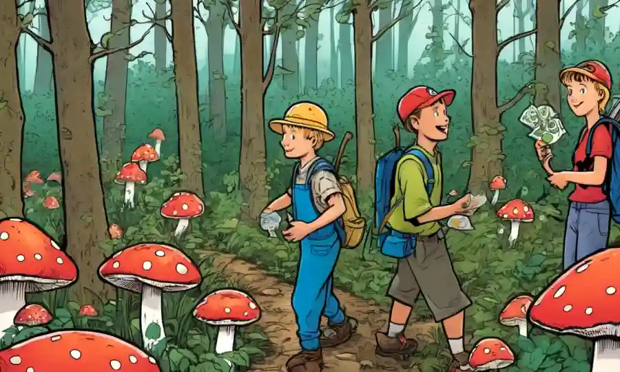Gente que reúne hongos en un bosque, con símbolos ecológicos y de reciclaje junto.