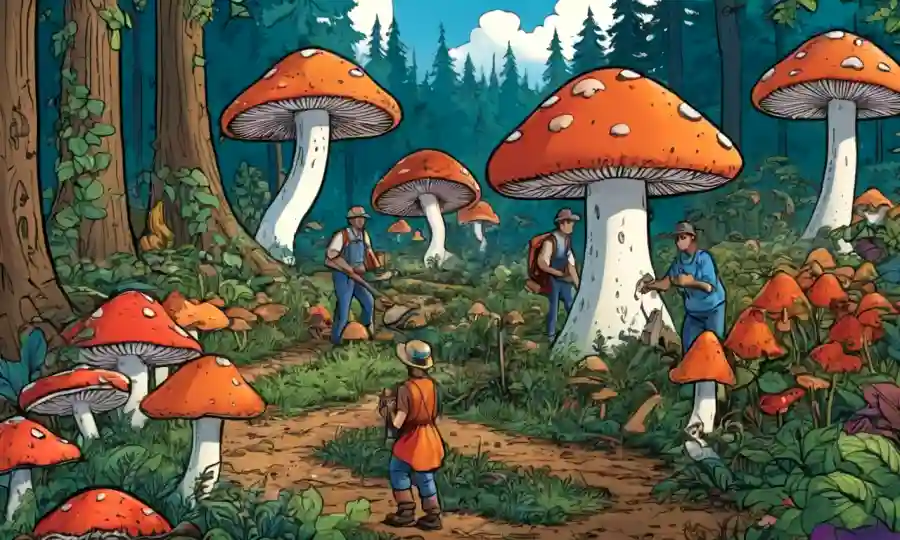 Escena forestal con varios hongos y personas en el fondo cosechando sosteniblemente.