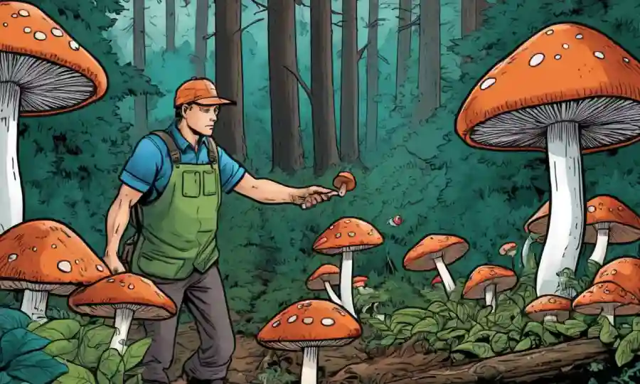 Una persona que colecciona cuidadosamente hongos en un bosque, rodeado de regulaciones pertinentes y diagramas ecológicos.