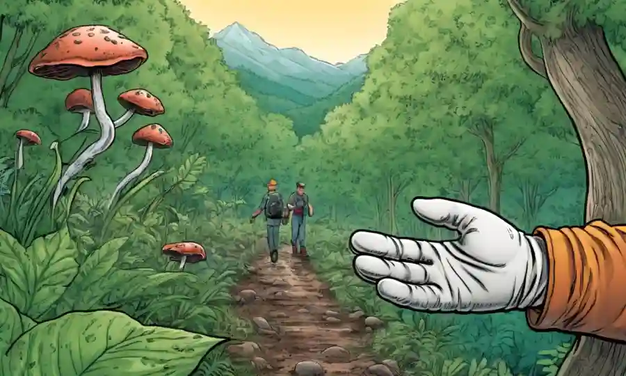Una persona que lleva guantes al aire libre, rodeada de vegetación, con ilustraciones de técnicas de prevención fúngica.