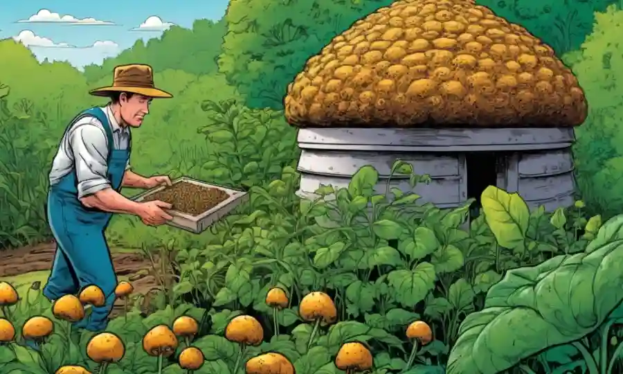 Agricultor examinando cultivos saludables cerca de un icono de colmena o hongos, con vegetación circundante.