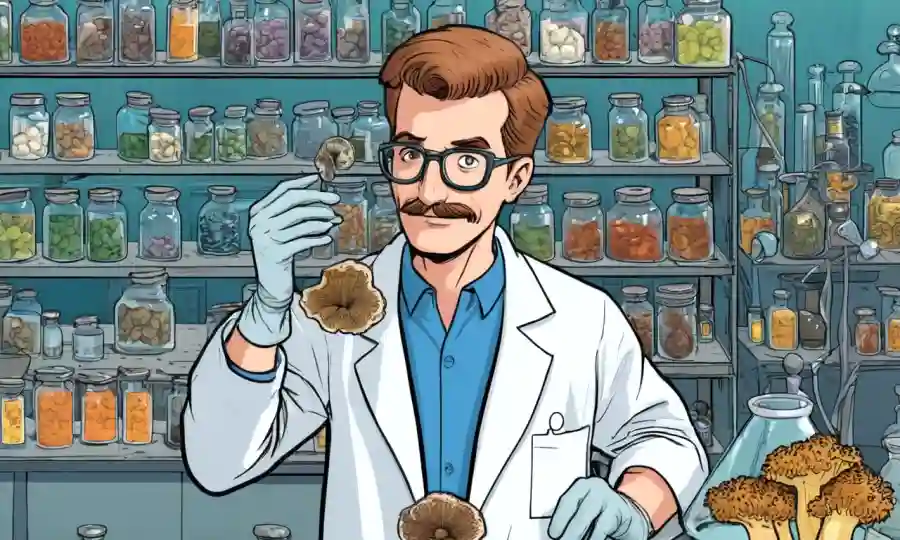 Científico conteniendo muestras de hongos en un laboratorio.