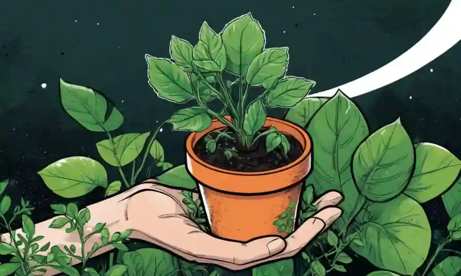 Una persona que sostiene una pequeña planta con película biodegradable y vegetación creciendo.
