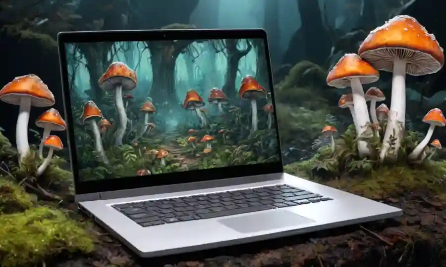 Muestras y vídeos en una pantalla portátil en medio de un telón de fondo de crecimientos fúngicos.