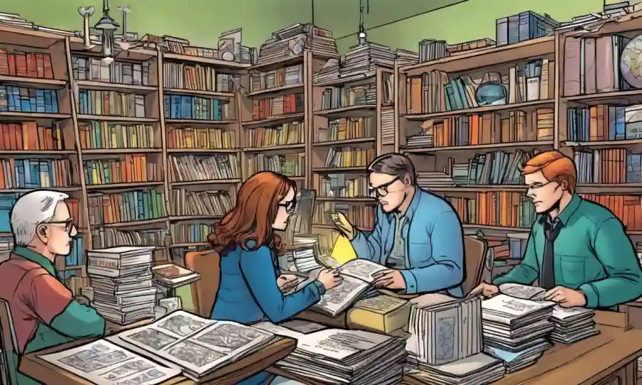 Biólogos que estudian sistemas de clasificación rodeados de libros y bases de datos digitales.