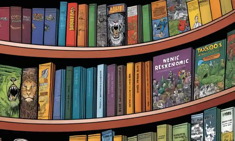 Revistas científicas y artículos sobre recursos taxonómicos en un estante de biblioteca.