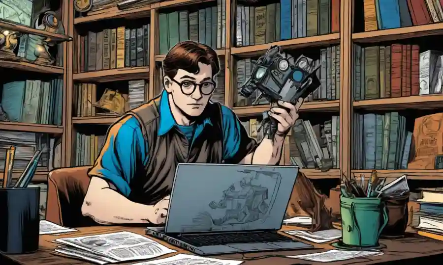 Scholar rodeado de herramientas digitales y recursos bibliográficos en un portátil.