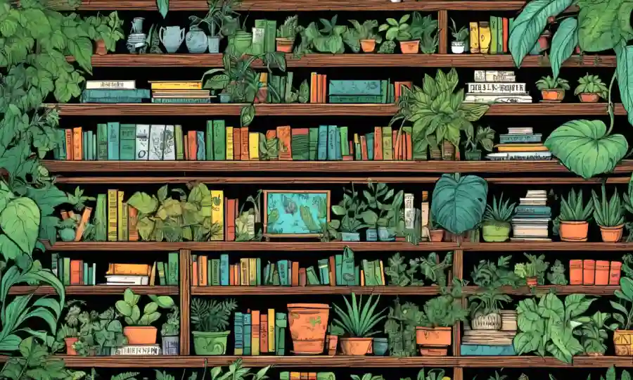 Estantes llenos de textos botánicos y diagramas rodeados de hojas de plantas.