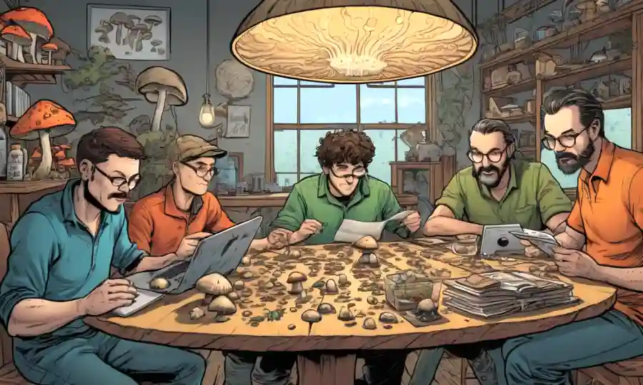 Grupo de entusiastas de hongos se reunieron alrededor de una mesa estudiando muestras de hongos en línea.