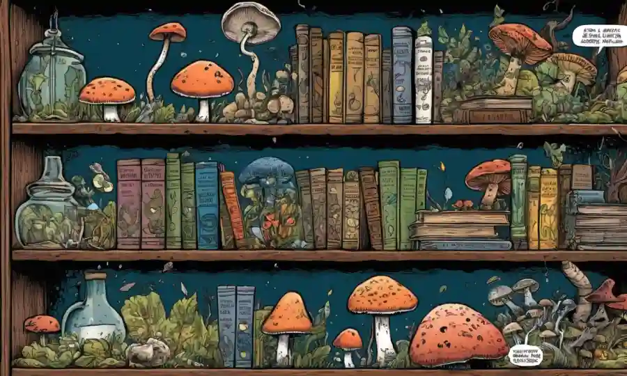 Estantes llenos de textos de micología y materiales relacionados con hongos.