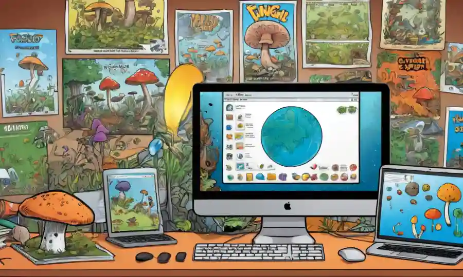 Varios software de hongos e iconos de aplicación en una pantalla de computadora, con recursos educativos en el fondo.
