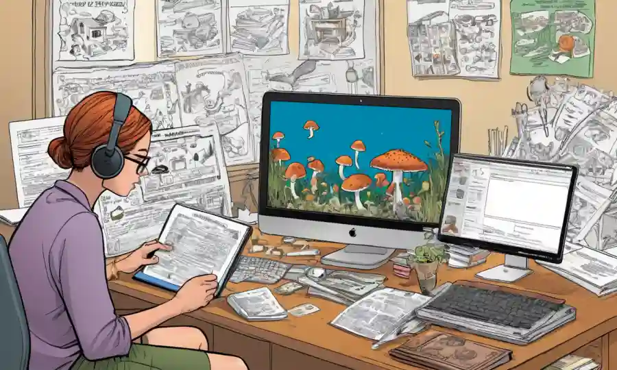 Una persona que estudia libros relacionados con hongos en su computadora, rodeado de notas de curso en línea e ilustraciones.