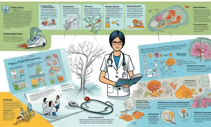 ilustraciones infográficas que enseñan a los profesionales de la salud sobre la importancia del aprendizaje continuo en salud, con iconos que representan la educación y la micología.