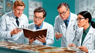 Profesionales médicos que estudian muestras de hongos y se refieren a guías educativos.