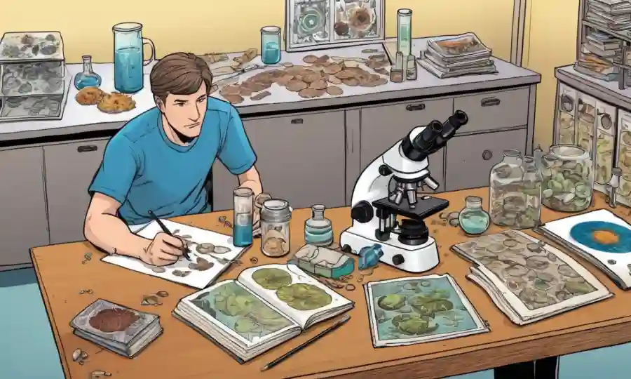 Microscopios de laboratorio y especímenes de hongos en tablas entre materiales educativos y guía.