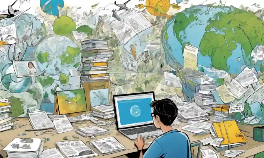 Un estudiante rodeado de recursos en línea y notas sobre simbiosis ambiental.