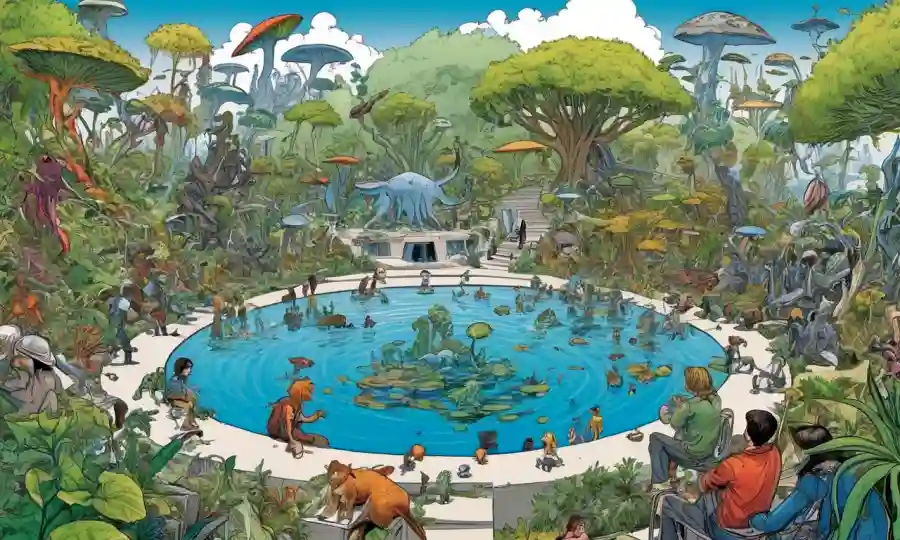 Las personas se reunieron en línea en un foro para discutir simbiosis, rodeado de recursos digitales y visuales de la vida vegetal.